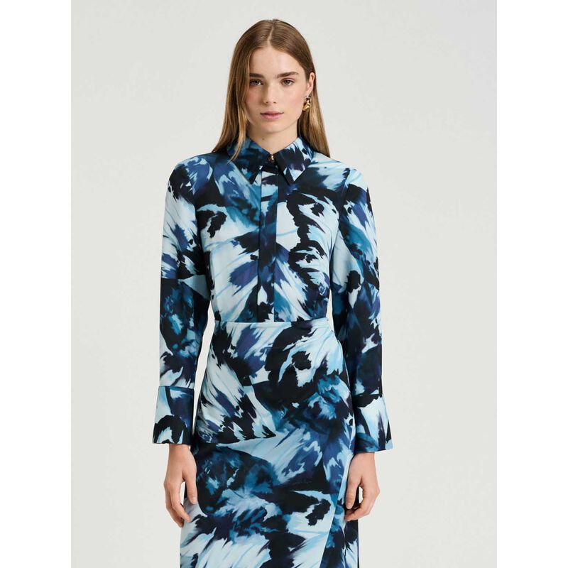 Veronika Maine Blue Papillion Satin Shirtdress image number 3